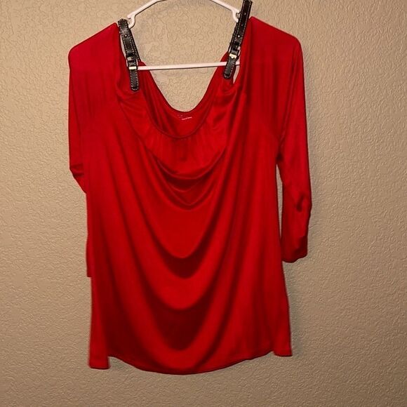 Soft Surroundings- Red Long Line Tunic Cold Shoulder Blouse w/ Faux Leather - Picture 1 of 8